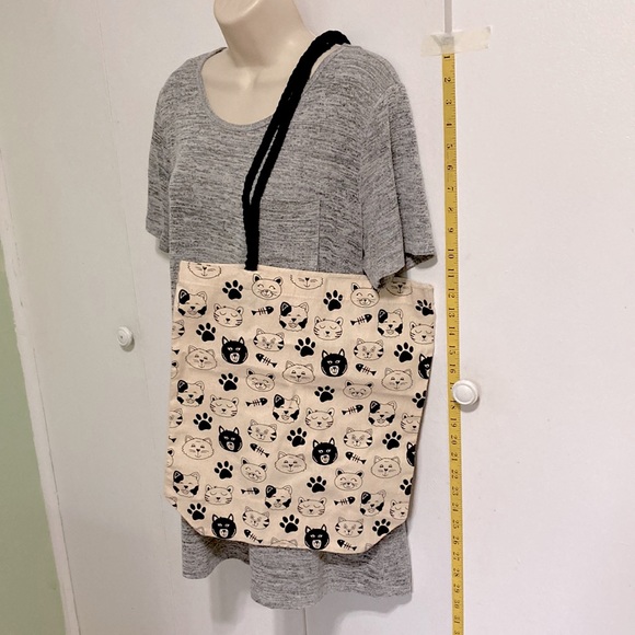 TOTE BAG Kitty Cats Canvas Reusable Shoulder Bag Cream Black Halloween - Picture 3 of 11